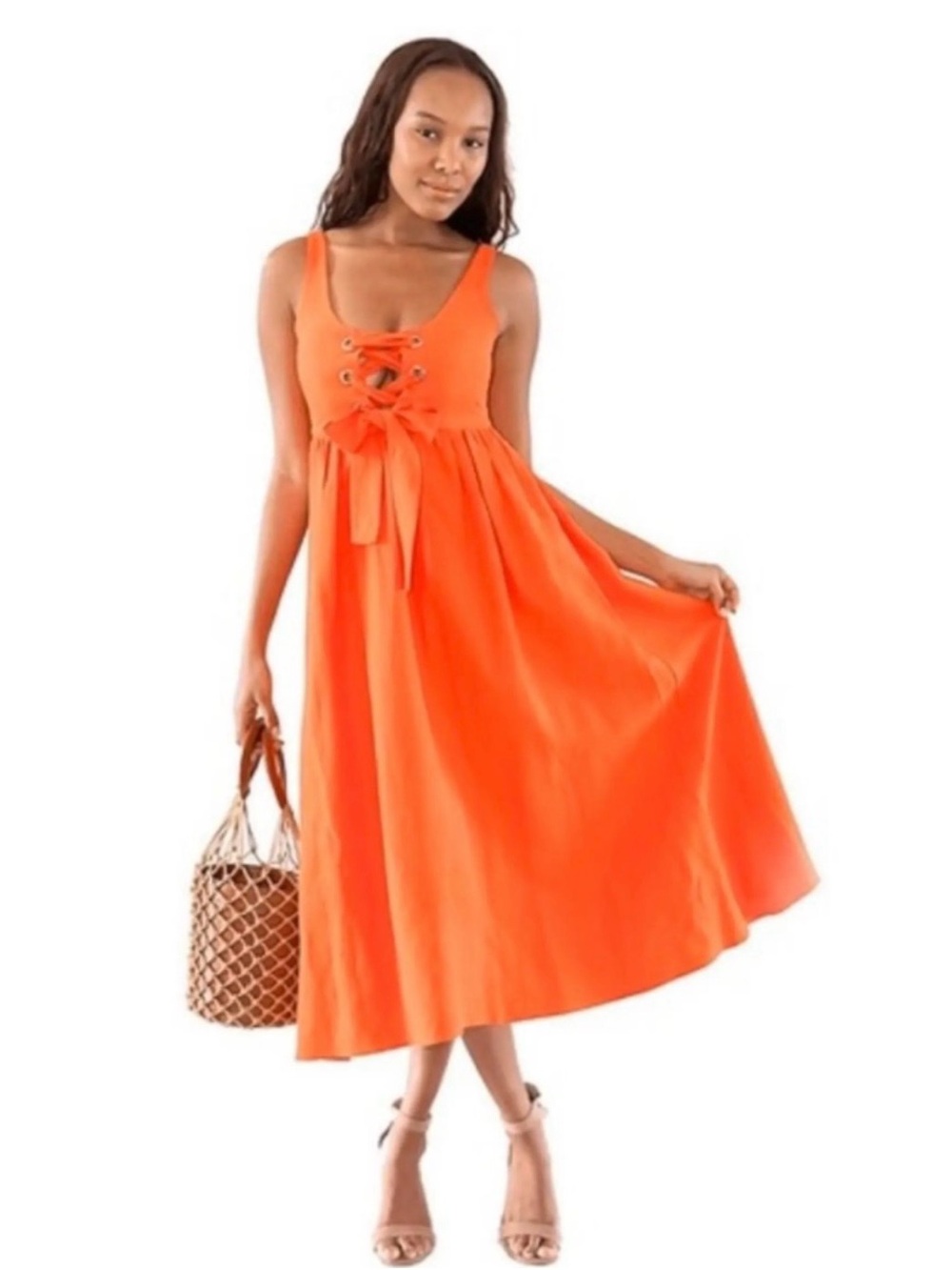Mara Hoffman Bright Orange Lace-Up Midi Dress
